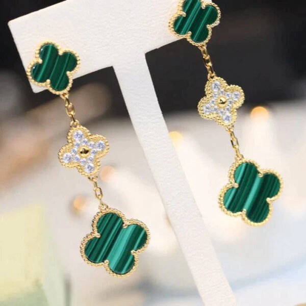 CLOVER EARRINGS GOLD MALACHITE DIAMOND 3 MOTIFS - Image 2