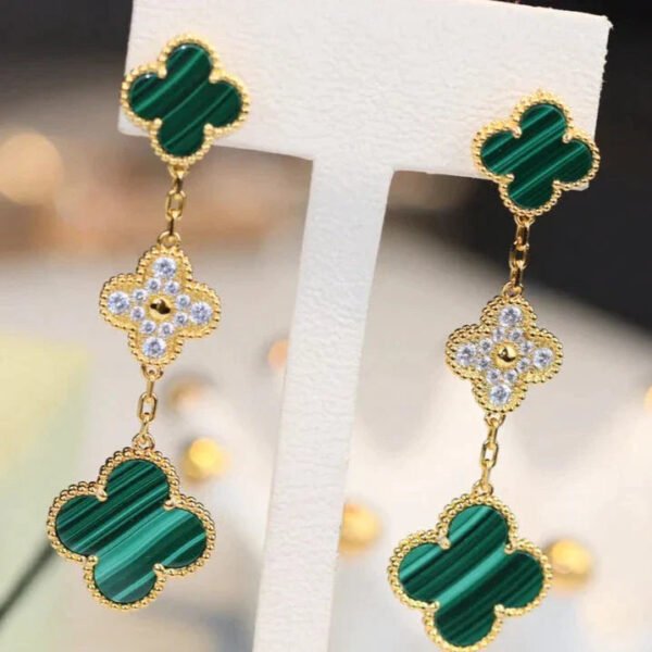 CLOVER EARRINGS GOLD MALACHITE DIAMOND 3 MOTIFS - Image 3