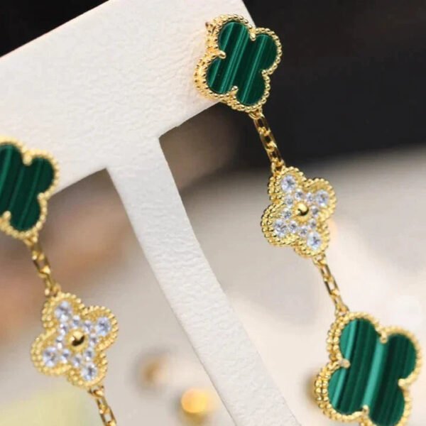 CLOVER EARRINGS GOLD MALACHITE DIAMOND 3 MOTIFS - Image 4