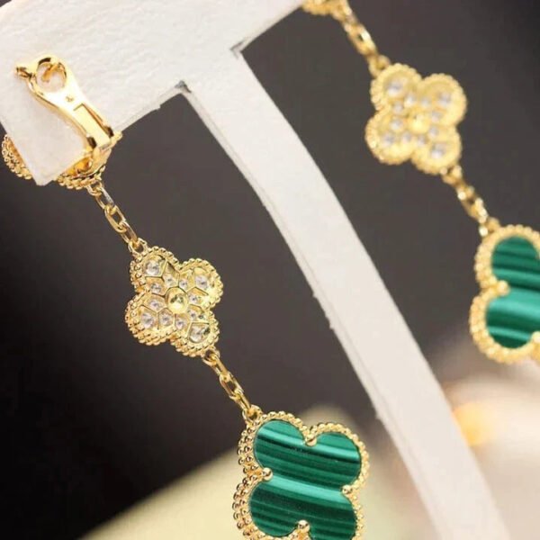 CLOVER EARRINGS GOLD MALACHITE DIAMOND 3 MOTIFS - Image 7