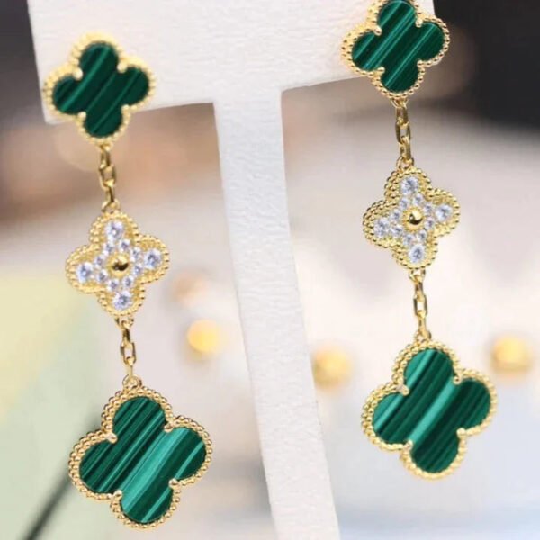 CLOVER EARRINGS GOLD MALACHITE DIAMOND 3 MOTIFS - Image 10