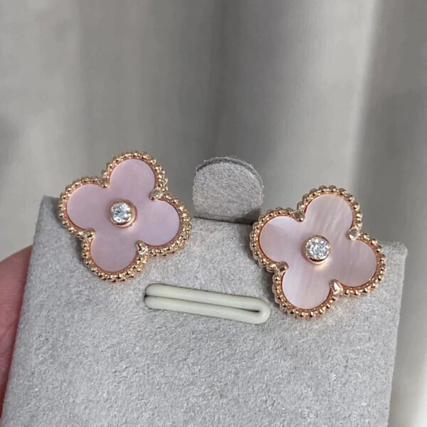 CLOVER MOP PINK GOLD DIAMOND EARRINGS - Image 2