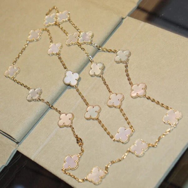 CLOVER 20 MOTIFS WHITE MOP GOLD NECKLACE - Image 3