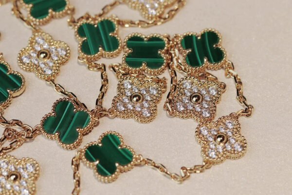CLOVER 20 MOTIFS MALACHITE DIAMOND GOLD NECKLACE - Image 5