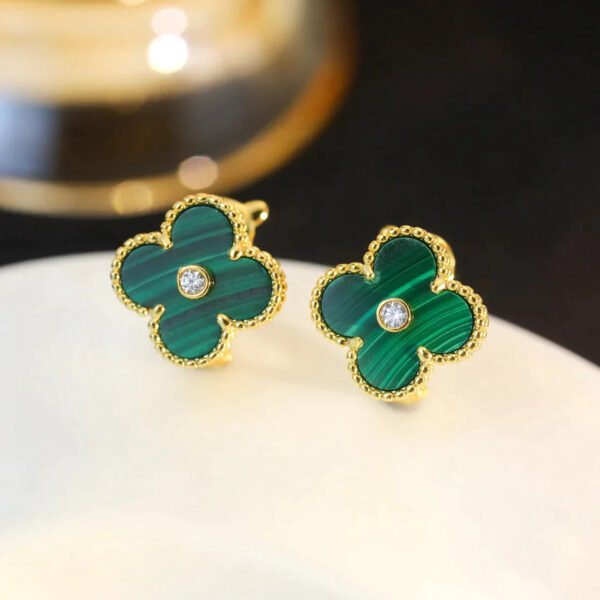 CLOVER MALACHITE DIAMOND EARRINGS - Image 4