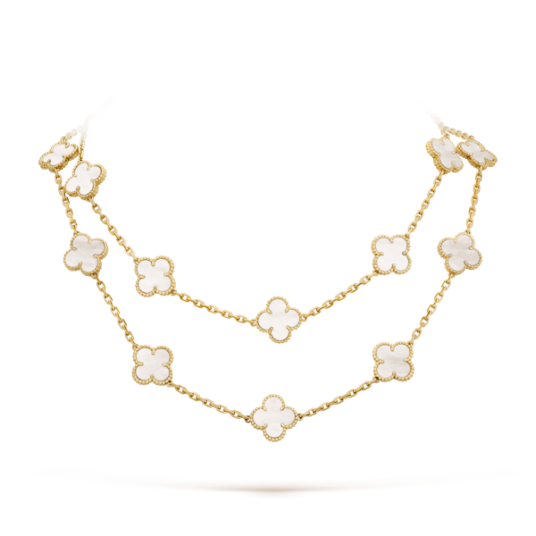 CLOVER 20 MOTIFS WHITE MOP GOLD NECKLACE