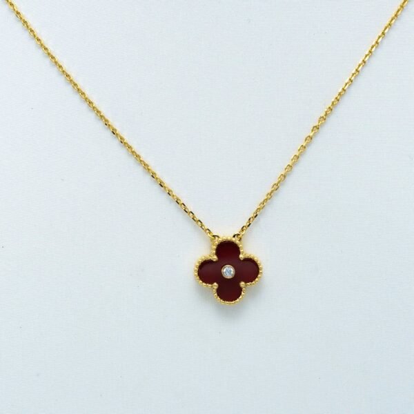CLOVER NECKLACE GOLD DIAMOND CARNELIAN - Image 3