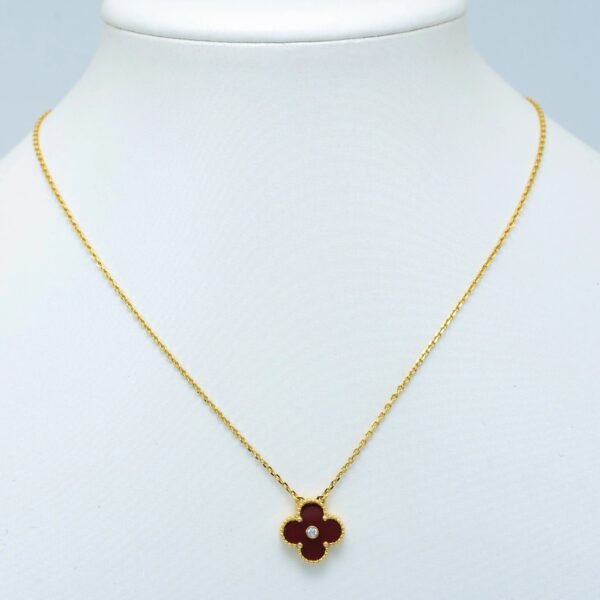 CLOVER NECKLACE GOLD DIAMOND CARNELIAN - Image 2
