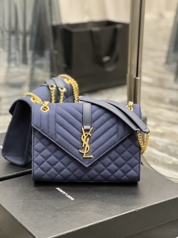 YSSL Envelope Medium Bag Marine In Mix Matelass?? Grain De Poudre Embossed Material For Women 9.4in/24cm YSL 600185BOW914147