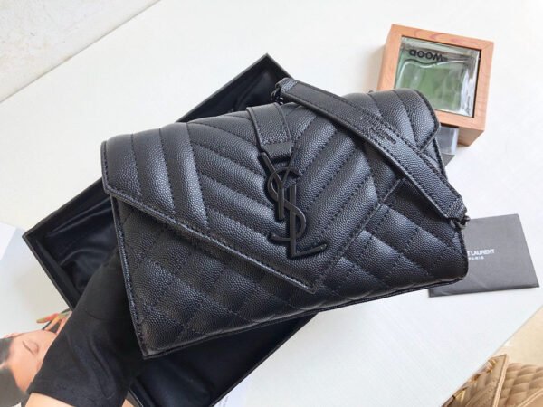 YSSL Envelope Small Bag In Mix Matelass?? Grain De Poudre Black For Women 8.2in/21cm YSL 600195BOW981000