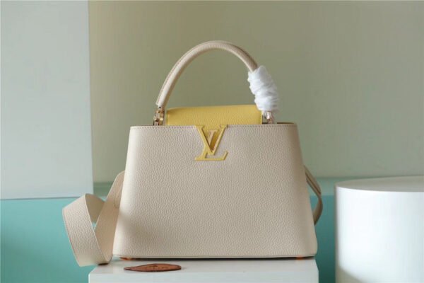 LV Capucines BB Taurillon Creme Beige/ Plume Yellow Berlingot For Women, Women's Bags, Shoulder And Crossbody Bags 10.6in/27cm LV