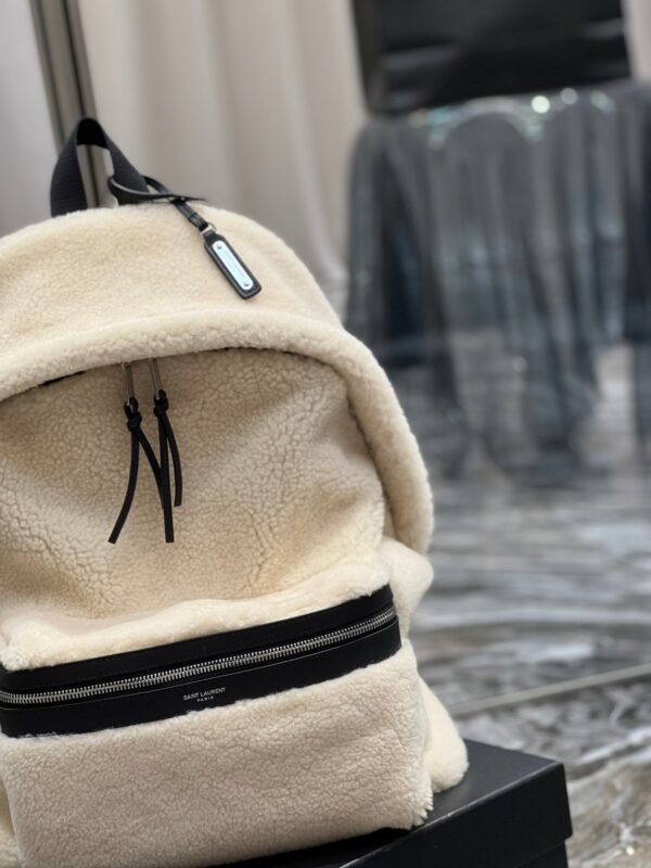 YSSL Fleece Backpack Beige For Women, Women’s Bags 16.1in/41cm YSL - Image 5