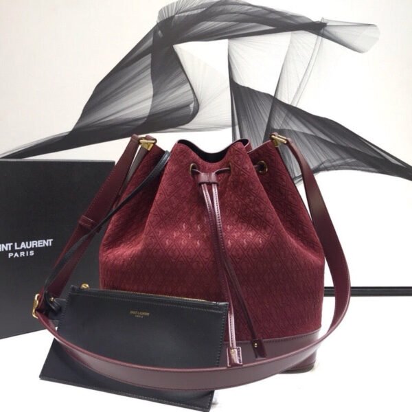 YSSL All-Over Monogram Bucket Bag Burgundy For Women 10.5in/27cm YSL