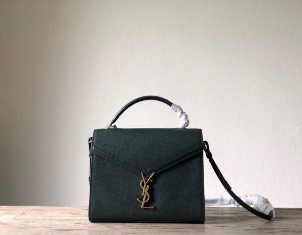 YSSL Cassandra Medium Top Handle Bag In Grain De Poudre Embossed Dark Green For Women 9.6in/25cm